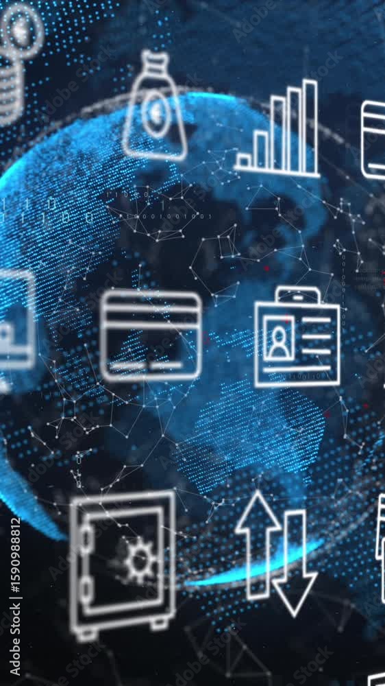 Poster animation of multiple digital icons over globe and network of connections on blue background