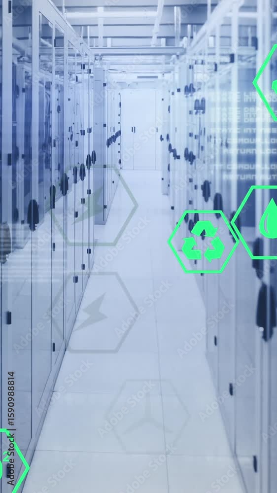 Poster animation of icons and lens flares with computer language over data server racks in server room