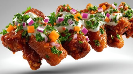 Spicy chicken wings with herbs and sauce.