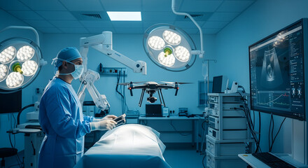 Surgeon Using Drone in Operating Room.