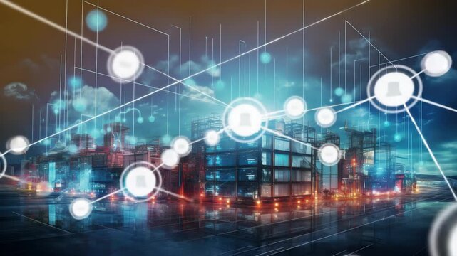 Modern factory, communication network. Telecommunication. IoT, Internet of Things, ICT, Information communication Technology,. Smart factory. Digital transformation, cloud connecting, generate by AI