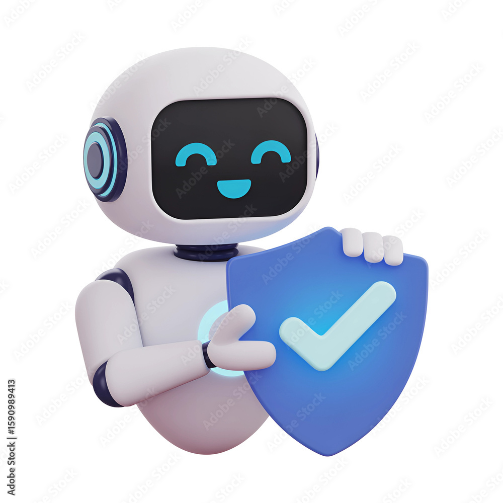 Poster a delightful robot character displaying a shield with a checkmark, showcasing security, protection a