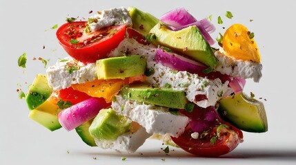 Levitating salad with tomatoes, avocado, feta, and red onion.