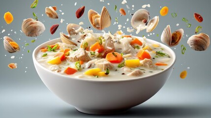 Delicious clam chowder with fresh ingredients and vibrant presentation.