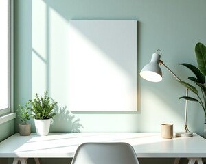 Minimalist Workspace with Sunlight and Green Wall — White Desk, Plants, and Lamp in Calm Morning Light