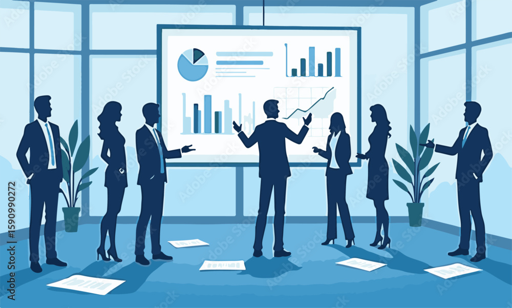 Poster global business team in silhouette, illustrating success and communication in front of a world map a