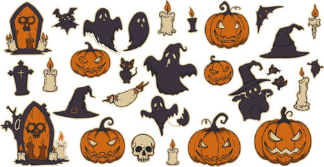 This vector set features a spooky array of Halloween icons, including pumpkins, bats, ghosts, and witches, perfect for your holiday designs