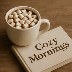 A mug of hot chocolate with marshmallows on a book titled cozy mornings, evoking a sense of warmth, relaxation, and comforting moments