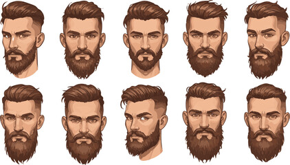 A collection of diverse cartoon faces and funny facial expressions for men and women, featuring various hairstyles, beards, and mustaches