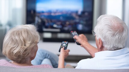 Senior couple relaxing at home, watching television.