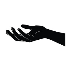 An open black hand isolated on white background offers support, care, and kindness, symbolizing generosity, hope, and connection