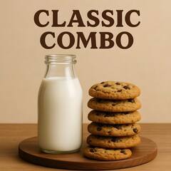 A glass of fresh milk paired with a stack of chocolate chip cookies on a wooden platter creates a classic combo