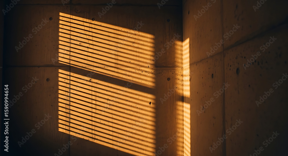 Poster sunlight streaming through blinds casting shadows on a textured wall in a corner of a room - ai gene