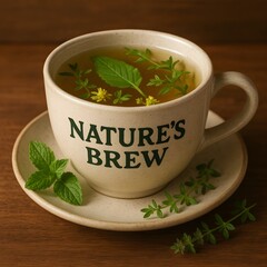 A cup of herbal tea with fresh mint and flowers, embodying natures brew for relaxation and wellbeing