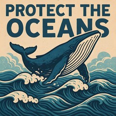 A majestic blue whale leaps from the ocean waves in a vintagestyle illustration advocating for ocean conservation