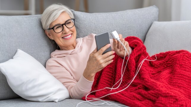 Mature woman using smartphone while resting on a couch.