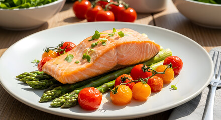 Delicious Pan-Seared Salmon Fillet Served with Fresh Asparagus and Colorful Cherry Tomatoes on a White Plate, Ready for a Healthy Meal