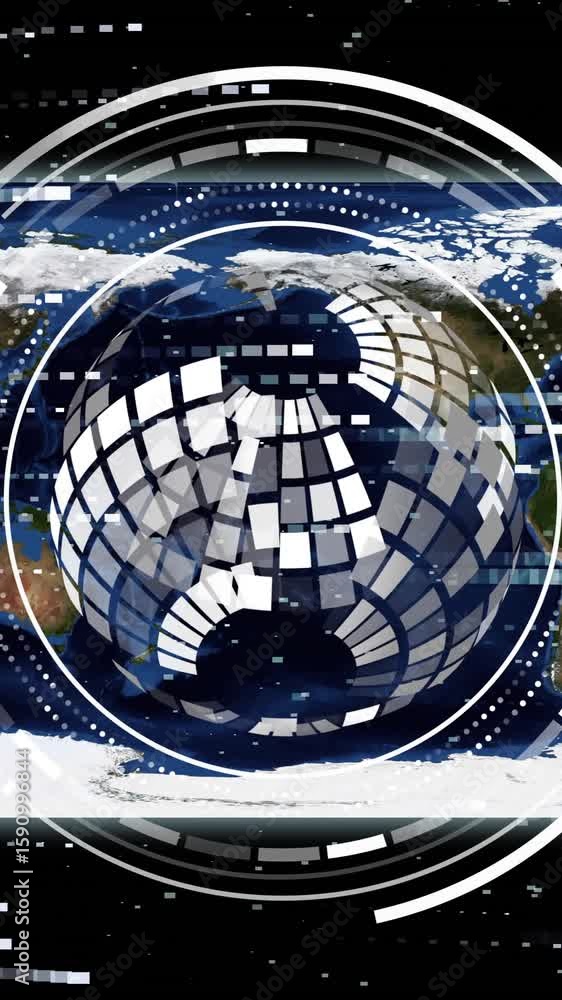 Poster animation of globe with data processing over world map
