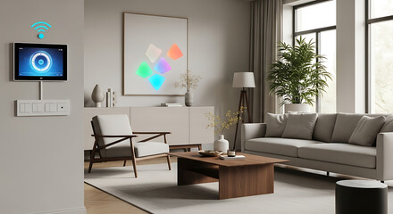Smart home control panel in modern living room with sofa and minimalist design elements displayed well - ai generated