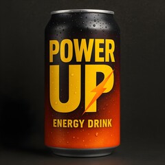 A can of energy drink with the words power up and a lightning bolt, suggesting a boost of energy and refreshment