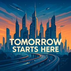 Tomorrow starts here, showcasing a futuristic city skyline at sunset, symbolizing progress and innovation