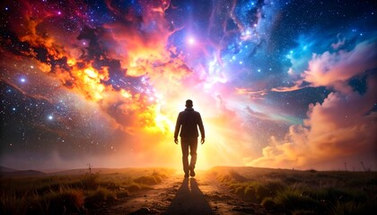 Fototapeta premium Human silhouette walking into explosion of cosmic colors, concept of consciousness and exploration