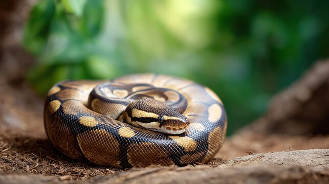 Detailed view of  coiled Ball Python snake with brown and yellow markings against  blurred green background