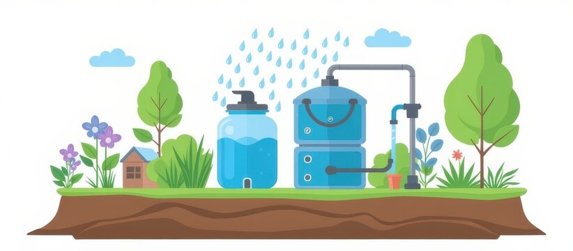 Sustainable housing solutions concept. Illustration of water conservation with tanks, plants and clouds in a green landscape.