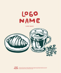 Coffee on cup. Drawing. Breakfast menu. Poster. Tea. Croissant illustration