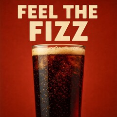 A glass of cola with bubbles sits in front of a red background with the words feel the fizz above it