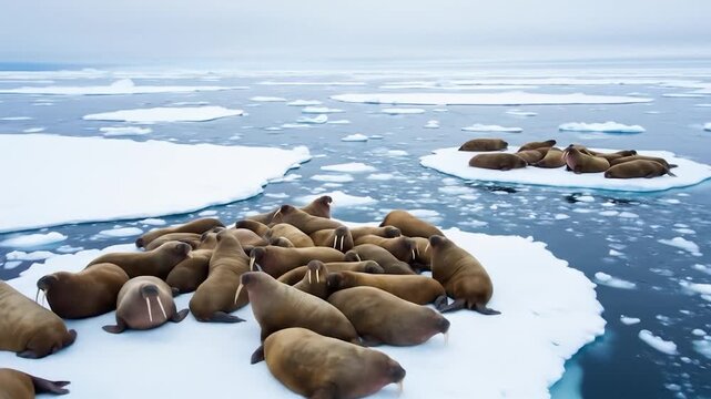 Walruses Resting on Arctic Ice Floes in Cold, Icy Ocean Waters