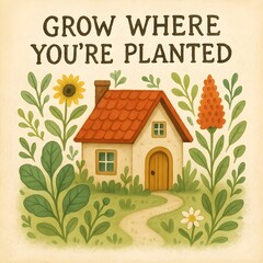 A cute cartoon house is surrounded by plants and flowers with the text grow where youre planted above it
