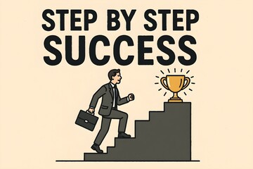 A cartoon businessman climbs stairs towards a trophy with the words step by step success above him