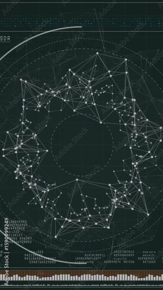 Poster animating network connections and data visualization on analytical dashboard