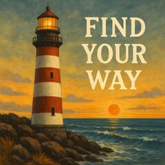 A lighthouse stands on a rocky coast at sunset with the words find your way next to it
