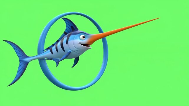 Cartoon Swordfish Jumping Through Hoop isolated on green screen background, suitable for education.