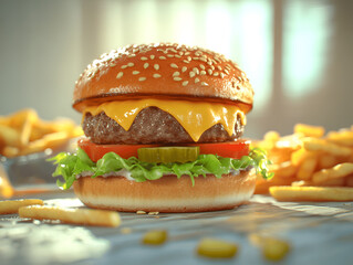Juicy cheeseburger with melted cheese, fresh lettuce, tomato, pickles, and sesame seed bun, served with crispy golden fries on a rustic table, showcasing delicious fast food