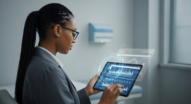 Woman Analyzing Data on Tablet.