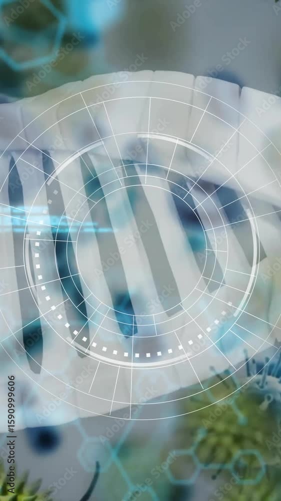 Poster dna strand and digital data processing over virus cells in scientific animation