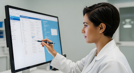 Woman Doctor Analyzing Data on Computer.