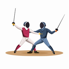 Vector illustration of a fencing match between two Olympic athletes, mid-action pose with foils crossed, stylized flat design
