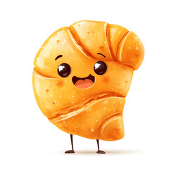 Cute cartoon croissant character with a smiling face and small legs, showcasing a joyful expression, set against a bright white background for playful and whimsical design elements