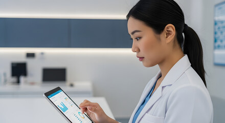 Woman Doctor Analyzing Data on Tablet.