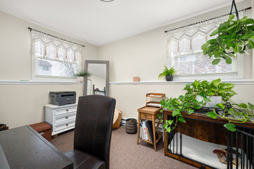 Cozy bedroom converted into a home office with a desk, chair, and vibrant green indoor plant.