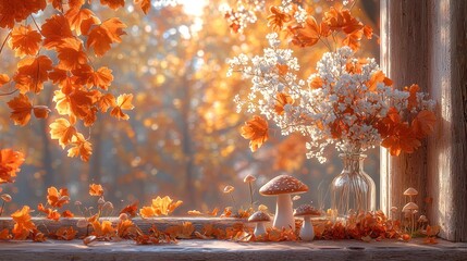Autumnal windowsill display with dried flowers and mushrooms