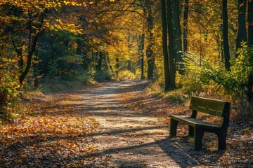 Serene forest pathway with vibrant autumn colors and a wooden bench in the late afternoon sunlight