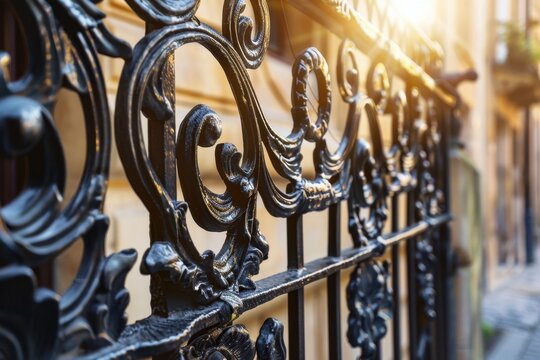 Ornate black iron gate details showcasing craftsmanship in a historic urban setting at sunrise