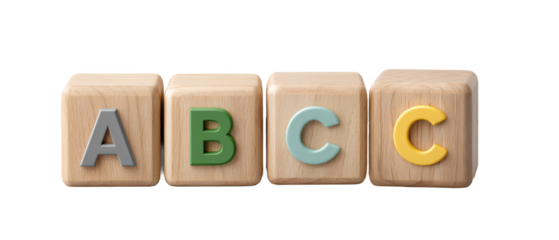 Four wooden blocks each featuring a different colored letter: A, B, C, and C.