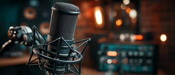 A close-up of a professional microphone in a warm, ambient studio setting. 