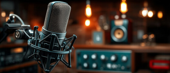A close-up of a professional microphone in a warm, ambient studio setting. 